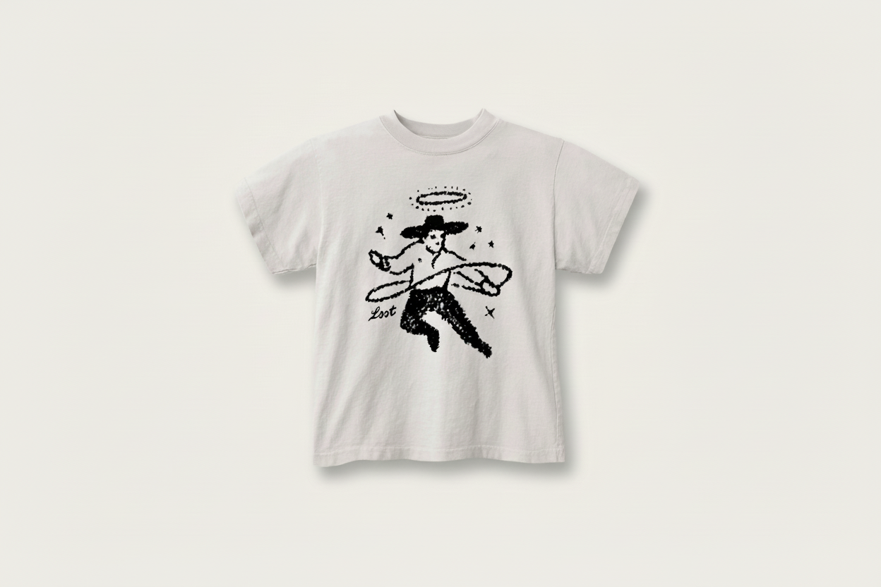 White t-shirt with black graphic design of a cowboy holding a lasso and 'Loot' text on a white background