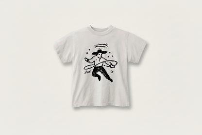 White t-shirt with black graphic design of a cowboy holding a lasso and 'Loot' text on a white background