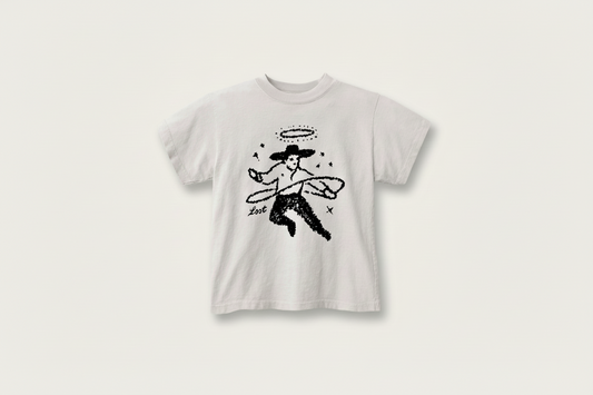 White t-shirt with black graphic design of a cowboy holding a lasso and 'Loot' text on a white background
